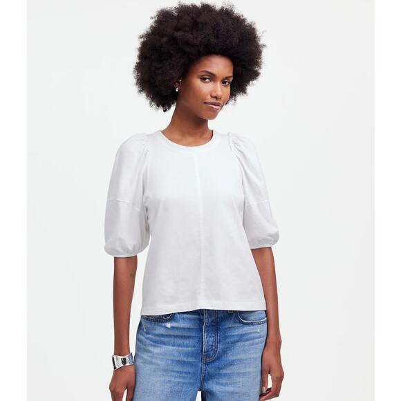 Madewell Puff-Sleeve Tee WMNS M White Crew Neck Cotton Relaxed Fit Ruffle Accent - Picture 1 of 8